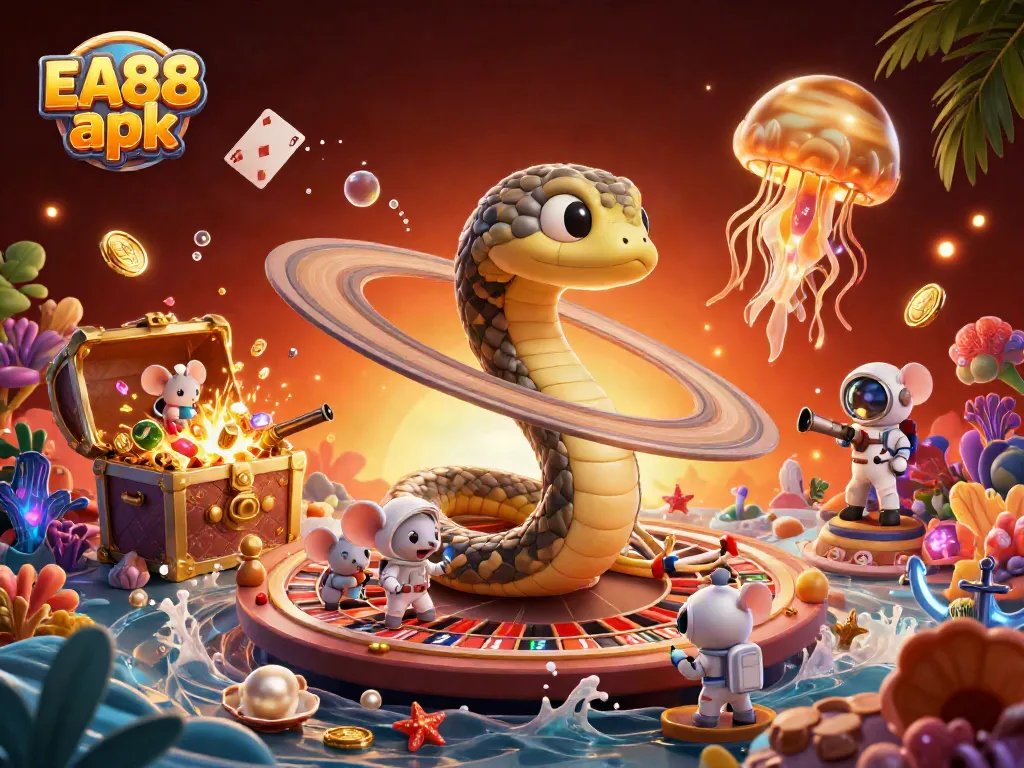 Experience EA88 apk with a vibrant 3D illustration of cosmic gaming elements and action-packed visuals.