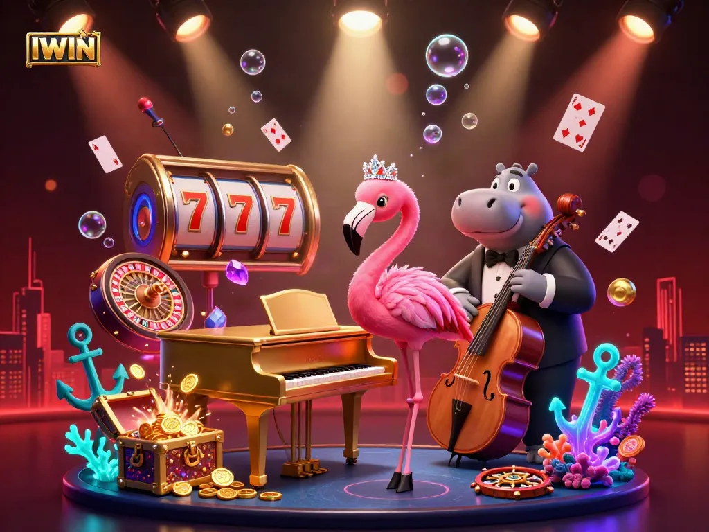 IWIN offers an immersive casino experience featuring vibrant characters in a 3D digital illustration of gambling elements.