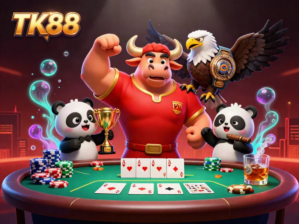 Win big at TK88 with an energetic scene featuring a victorious bull mascot and friends celebrating at a poker table.