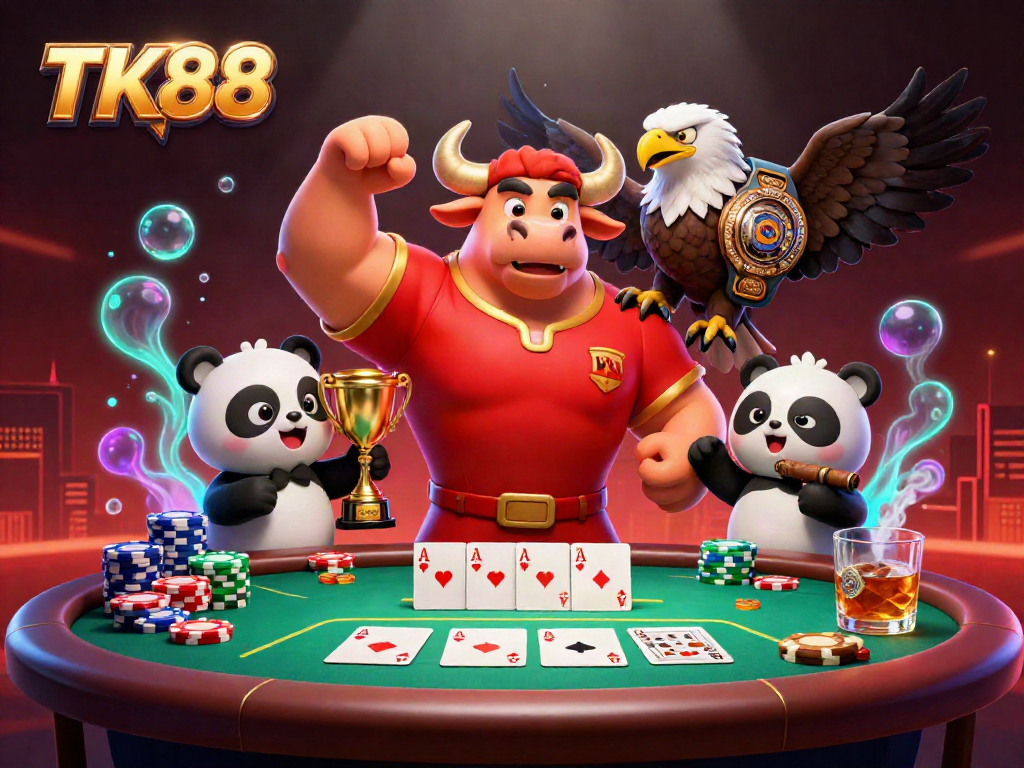 Win big at TK88 with an energetic scene featuring a victorious bull mascot and friends celebrating at a poker table.