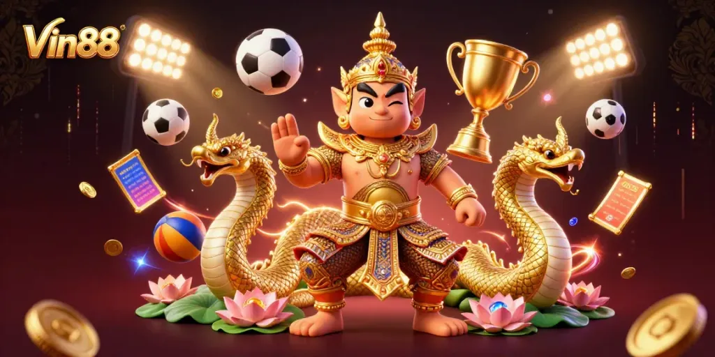 Engage in thrilling casino action with Vin88's vibrant characters, including a friendly yaksha and dynamic sports elements.