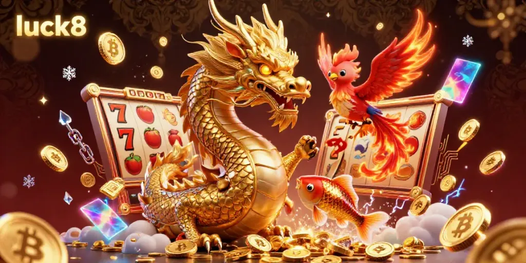 Experience immersive gaming at luck8 with a golden dragon, phoenix, and koi fish symbols in a vibrant casino scene.