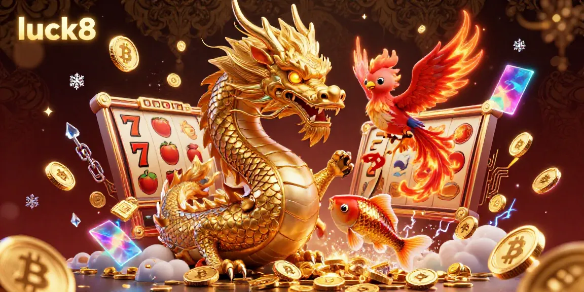 Experience immersive gaming at luck8 with a golden dragon, phoenix, and koi fish symbols in a vibrant casino scene.
