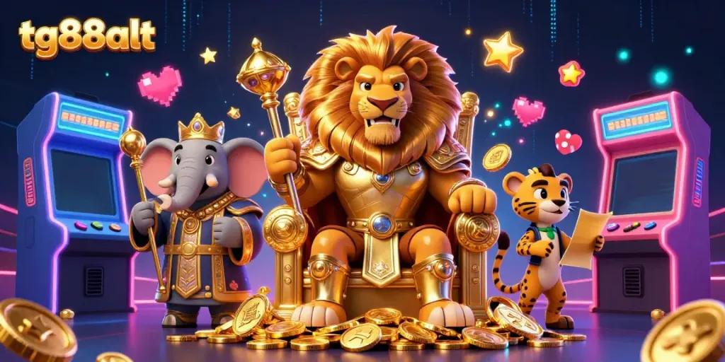 Engage with tg88alt's vibrant casino world featuring a lion king, elephant advisor, and cheetah messenger.