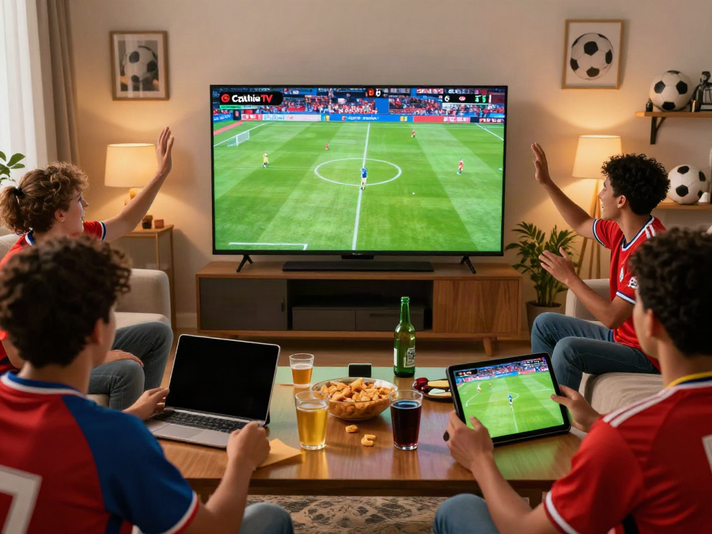 CakhiaTV fans enjoying a live match in HD during 2026, surrounded by football memorabilia and snacks.