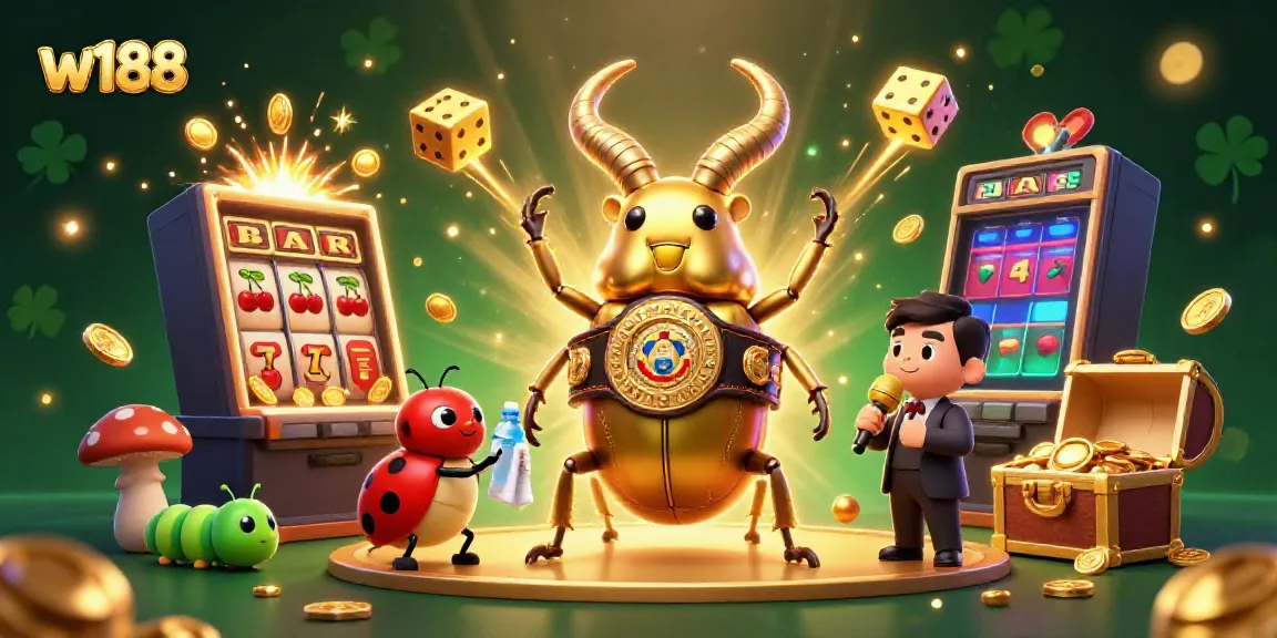 Experience big wins at w188 with an exciting scene featuring a golden stag beetle and casino elements bursting with luck.