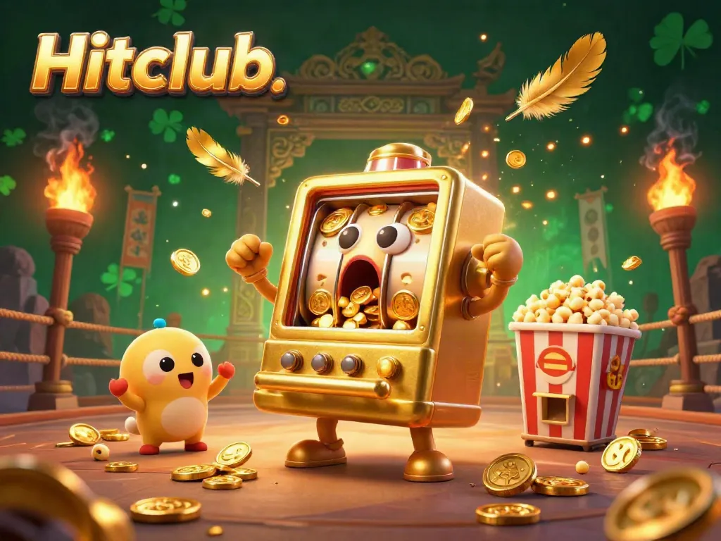 Hitclub's golden slot machine wins a jackpot, surrounded by cheering baby slot machines.