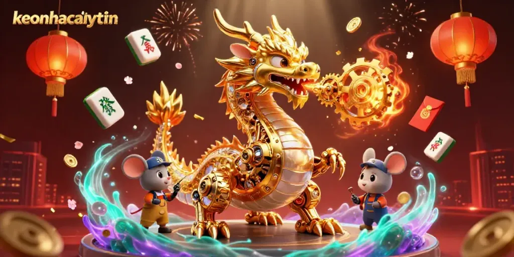 Engage in thrilling gameplay at keonhacaiuytinn with a dynamic illustration of a golden dragon and casino elements.