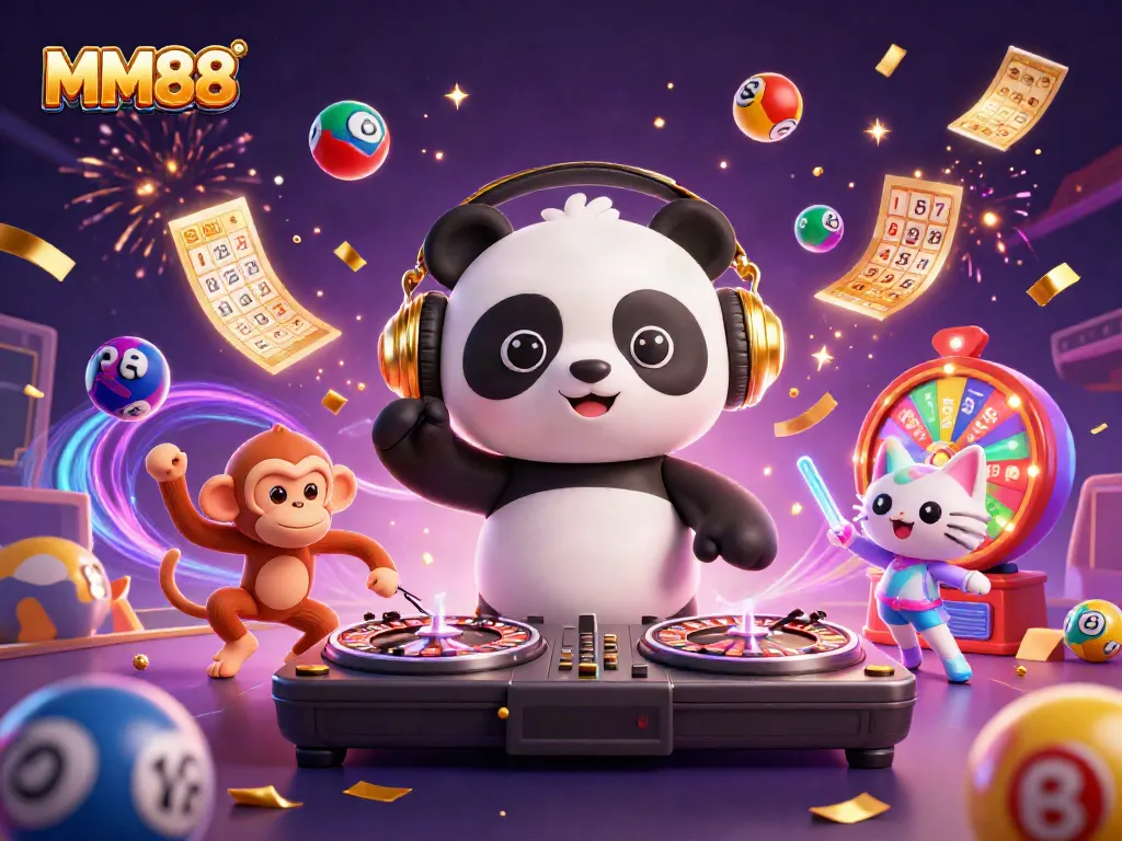 Engage in MM88 gaming excitement with DJ panda, dancing monkey, and kitten amidst dynamic casino elements.