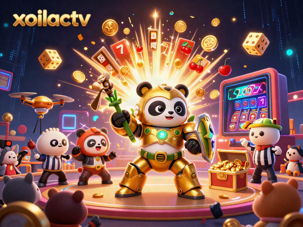 Xoilactv engages viewers with vibrant animations of a panda in a mech suit surrounded by casino elements.