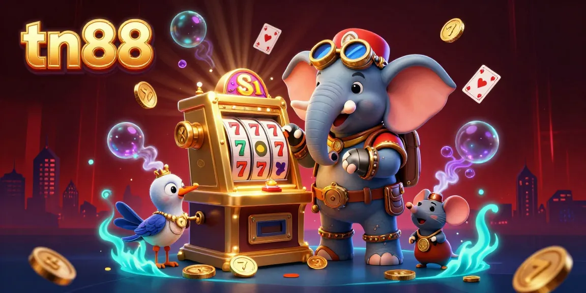 Spin the golden tn88 slot machine in a dynamic casino scene filled with excitement and treasures.