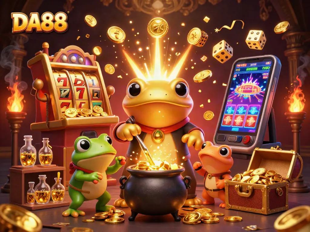 Spin DA88's slots with golden jackpots and epic casino adventures in this vibrant illustration.