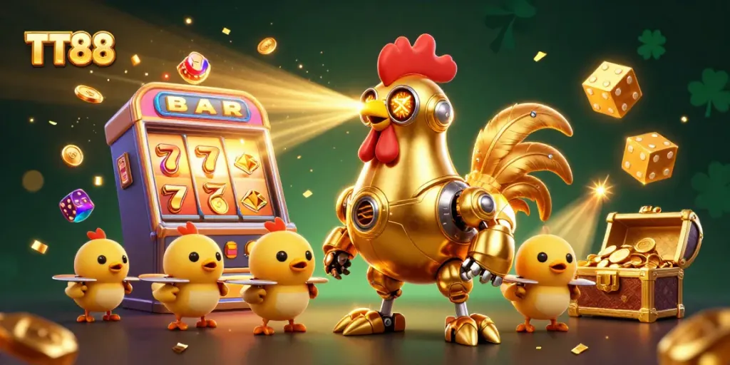 Experience intense gameplay at TT88 with a futuristic rooster robot and lively slot elements