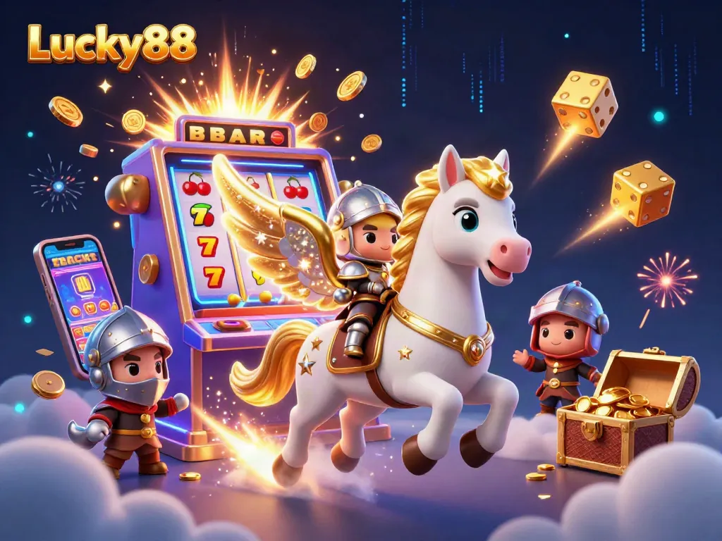 Experience Lucky88 as a celestial white horse leads through a vibrant casino sky filled with jackpots.