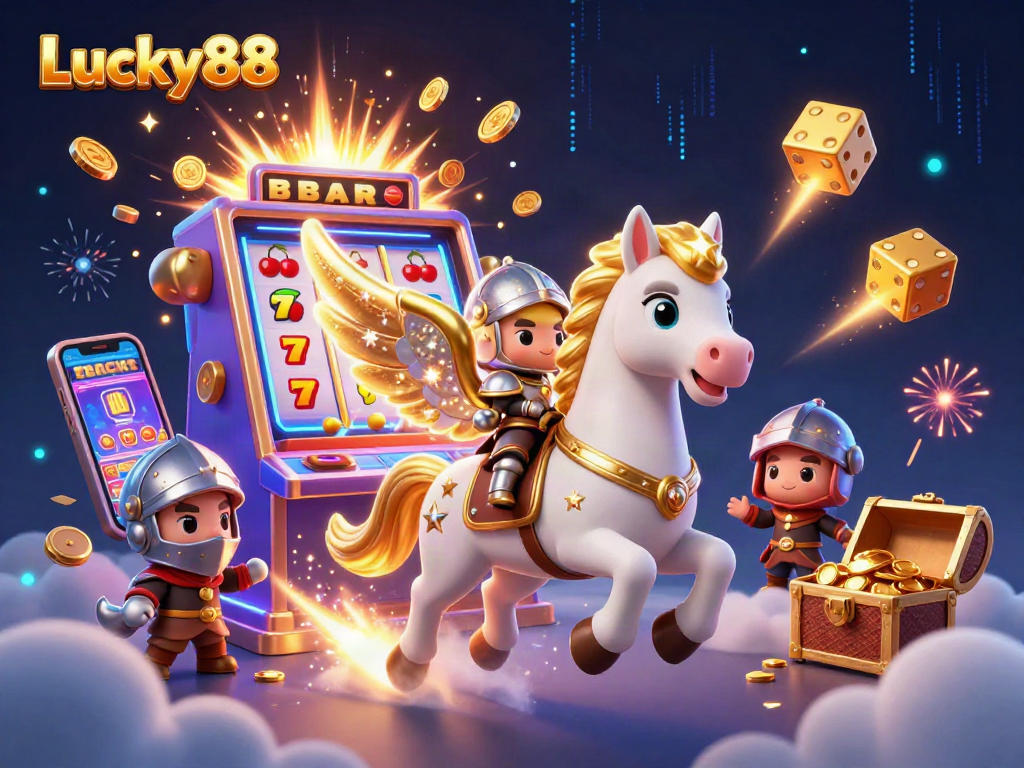 Experience Lucky88 as a celestial white horse leads through a vibrant casino sky filled with jackpots.
