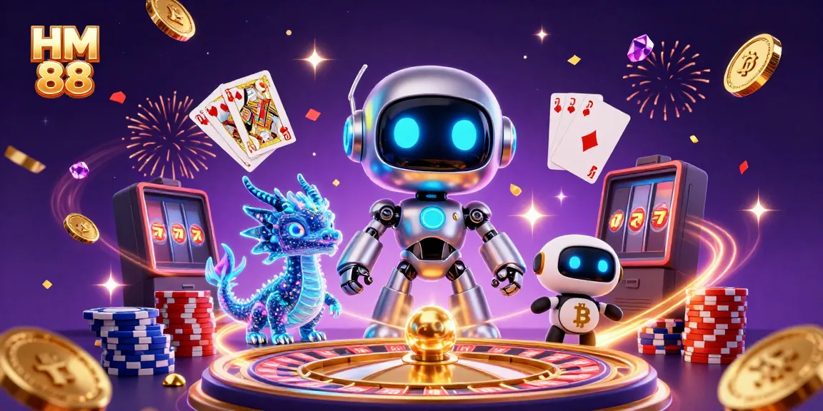 Experience HM 88's vibrant gaming scene with a cyberpunk mascot and thrilling casino elements.