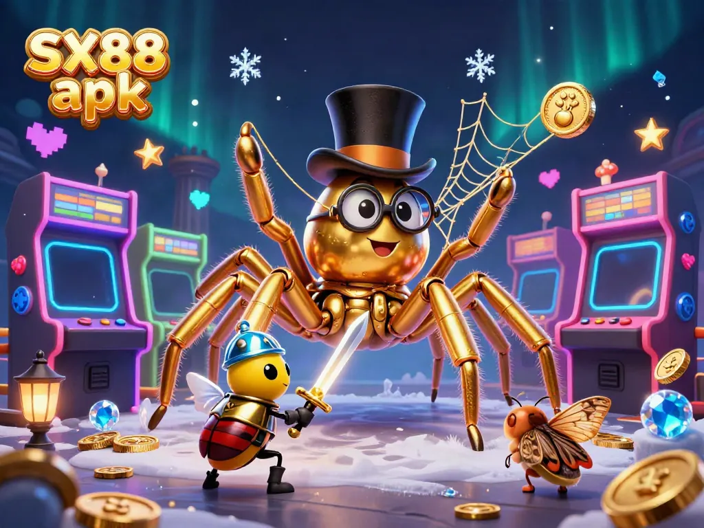 Engage with SX88 apk featuring a golden tarantula, beetle knight, and vibrant casino elements.