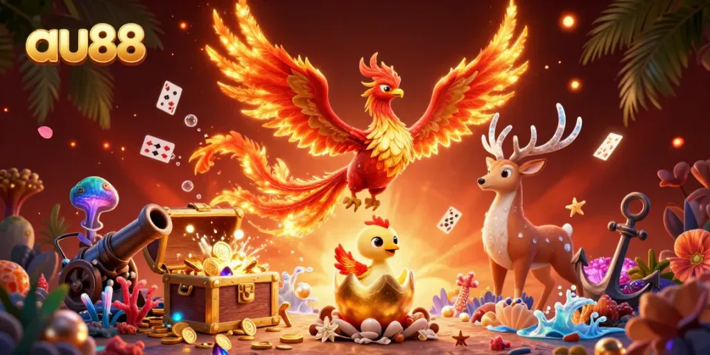 Experience thrilling action at au88 with a colorful 3D illustration of a fire phoenix and gaming elements.