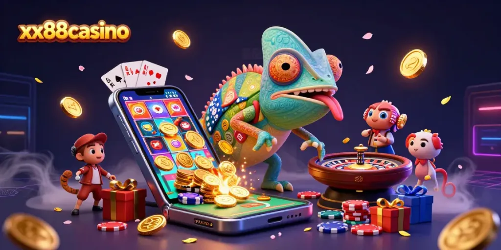 Experience the vibrant gaming world at xx88casino with its colorful chameleon owner and exciting slots.