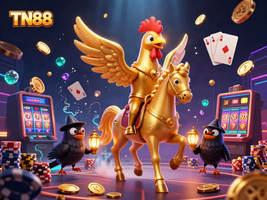 Experience thrilling gameplay at TN88 with a golden rooster riding a spectral horse amidst sparkling casino elements.