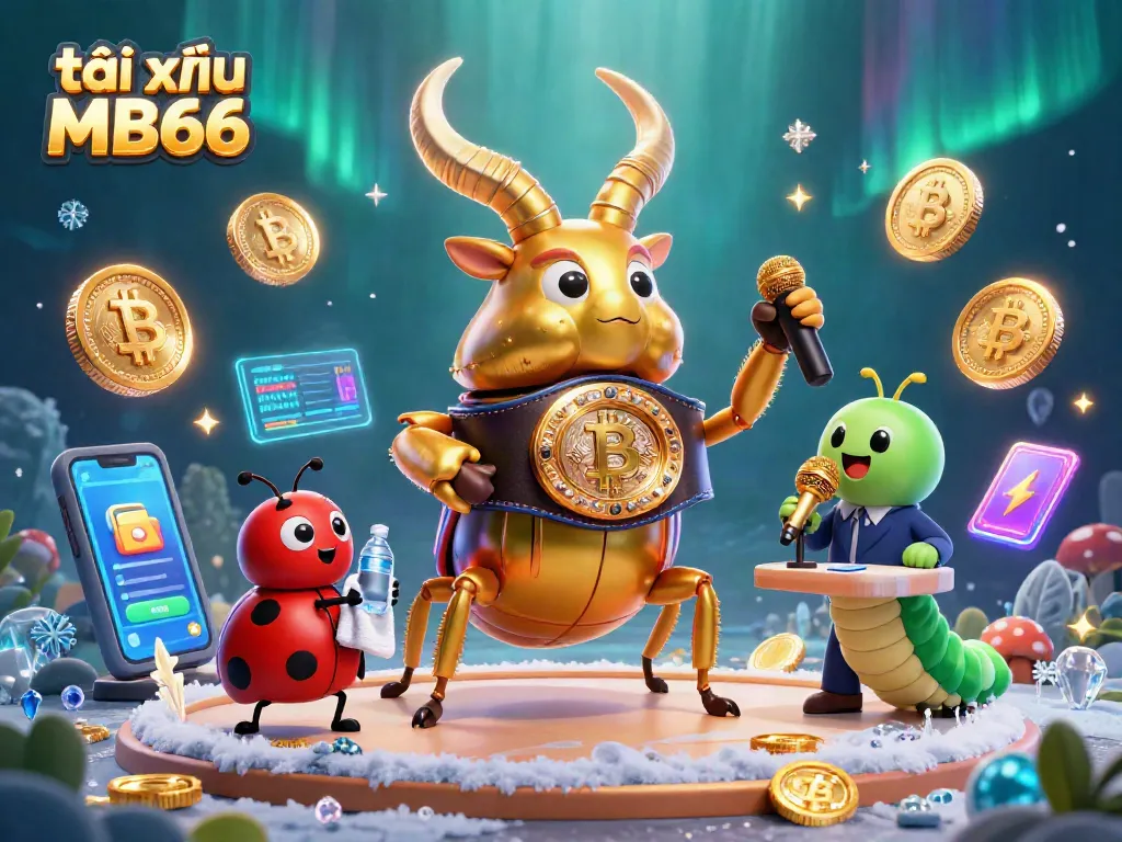 Engage with tài xỉu MB66 as a giant golden stag beetle faces off, surrounded by glowing cryptocurrencies.