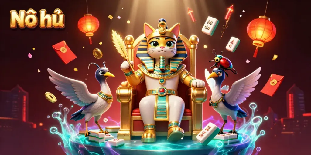 Nổ hũ showcases an Egyptian pharaoh cat surrounded by festive symbols, embodying the thrill of jackpot gaming.