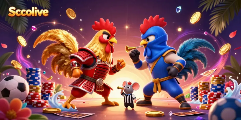 Crowning moments in Socolive sports betting, featuring dynamic fighting roosters with casino elements.
