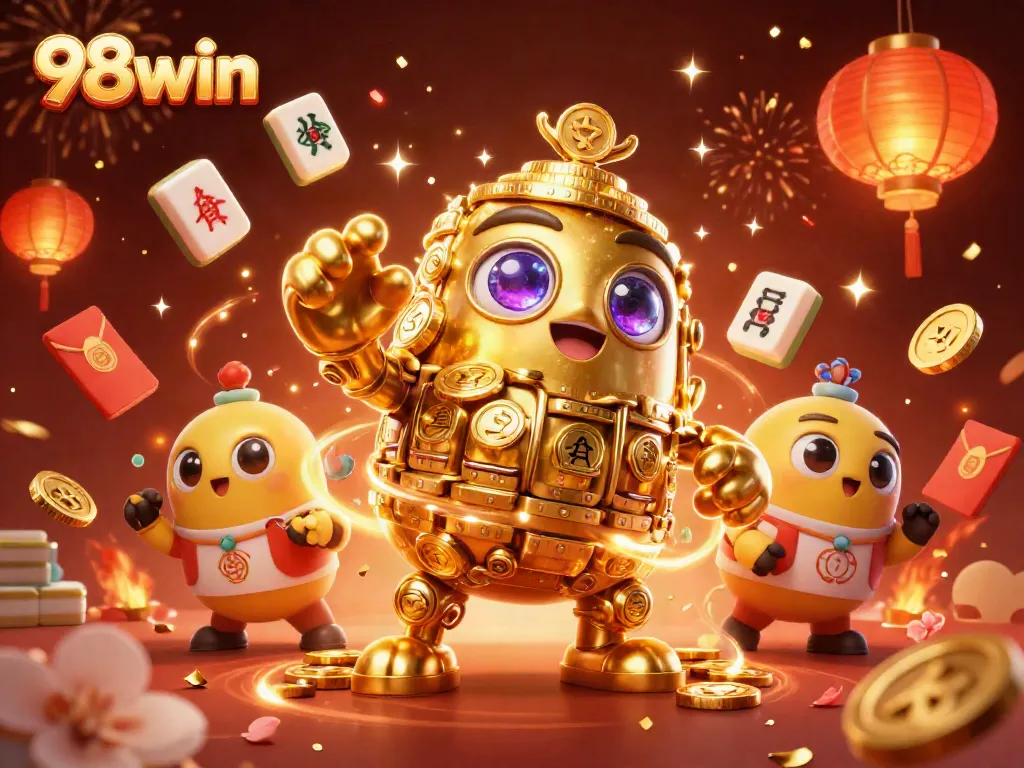 Win big with 98win's exhilarating casino games featuring a vibrant 3D golden golem and festive elements.