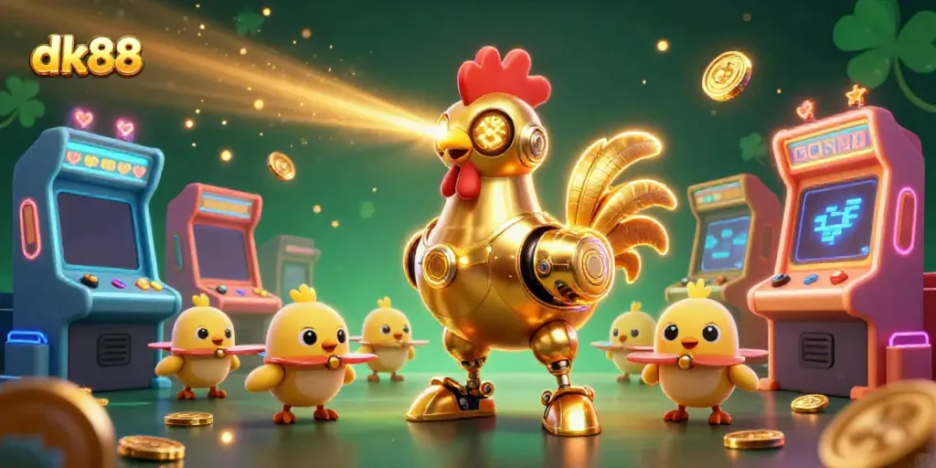 Engage with dk88's vibrant gaming world as a golden robot and baby chick drones interact with arcade machines, showcasing thrilling casino action.