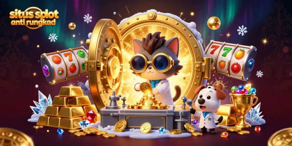 Spin the reels at situs slot anti rungkad featuring a vibrant, animated casino scene with golden treasures and lively characters.