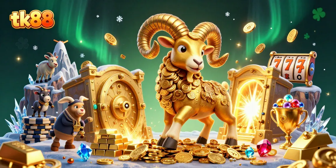 Experience thrilling excitement with tk88, featuring a golden ram charging through a casino of riches.