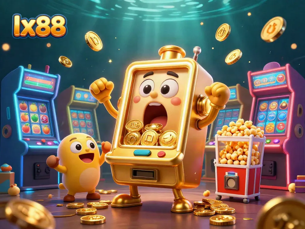 Jackpot moment at lx88 with a golden slot machine celebrating wins and cheering characters in a vibrant casino scene.