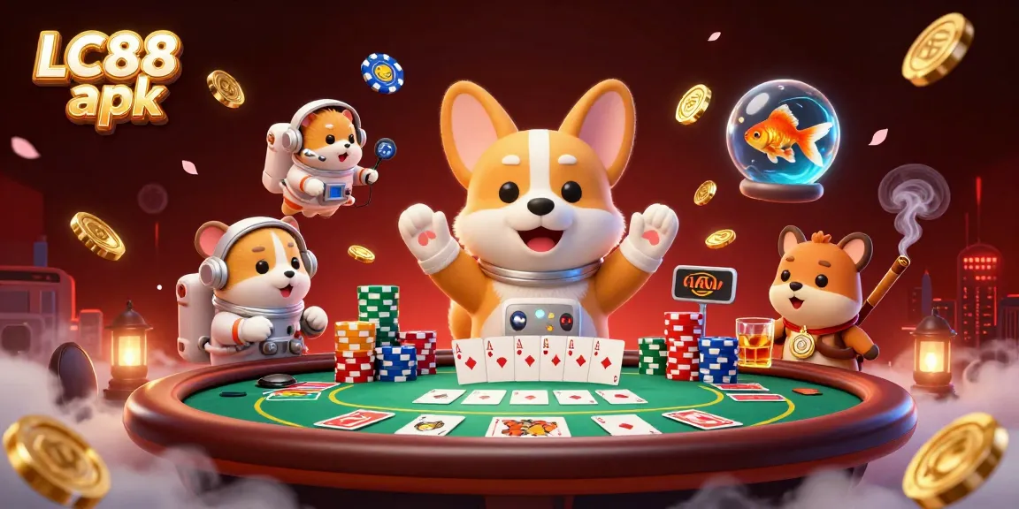 Experience thrilling gameplay at LC88 apk with a lively 3D casino illustration featuring vibrant characters.