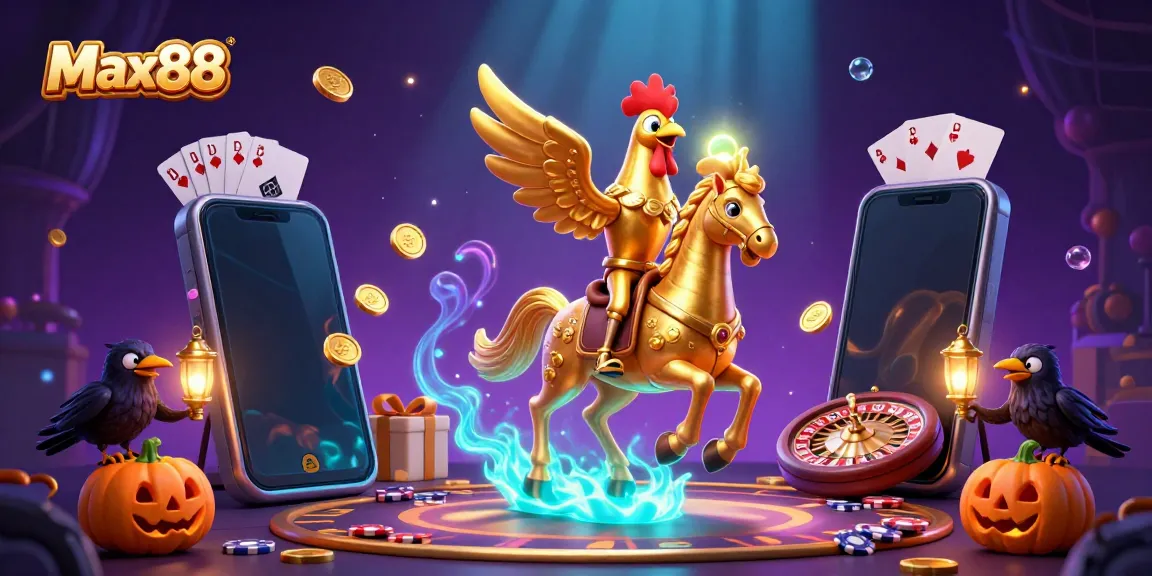 Engage in immersive gaming at Max88 with a vibrant scene featuring animated casino characters and dynamic game elements.