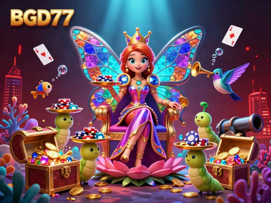 Experience BGD77's vibrant casino world, featuring a butterfly queen and underwater treasures in a dazzling illustration.