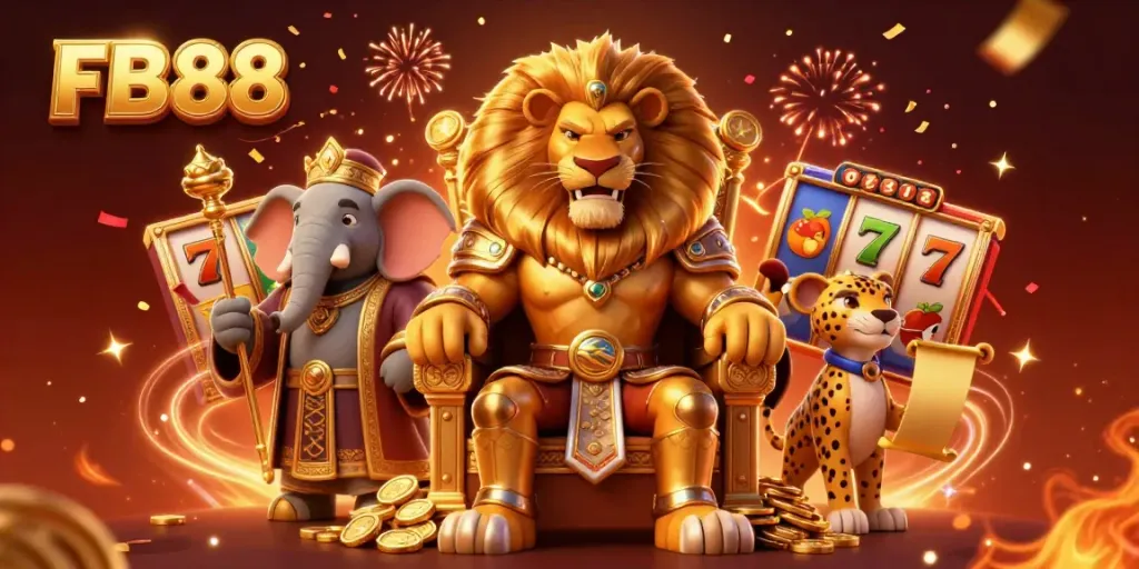 Engage with thrilling FB88 slot games featuring a royal lion king on a golden throne.