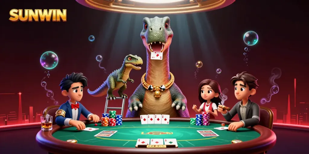 SUNWIN-themed 3D illustration with a dinosaur and raptor at a poker table, showcasing vibrant casino elements.