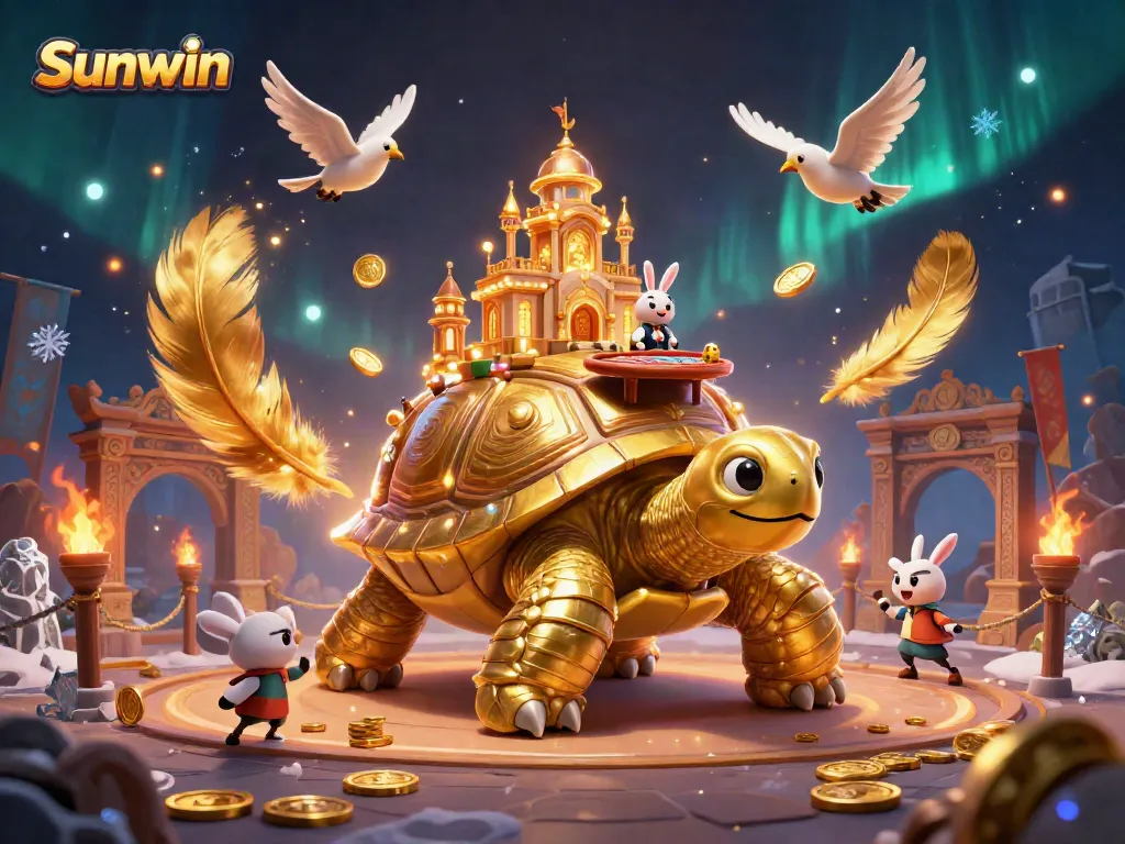 Engage in thrilling experiences with Sunwin, featuring a vibrant casino scene of a tortoise and dealer amidst flying coins.