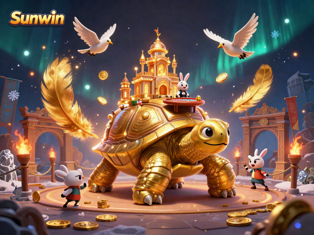 Engage in thrilling experiences with Sunwin, featuring a vibrant casino scene of a tortoise and dealer amidst flying coins.