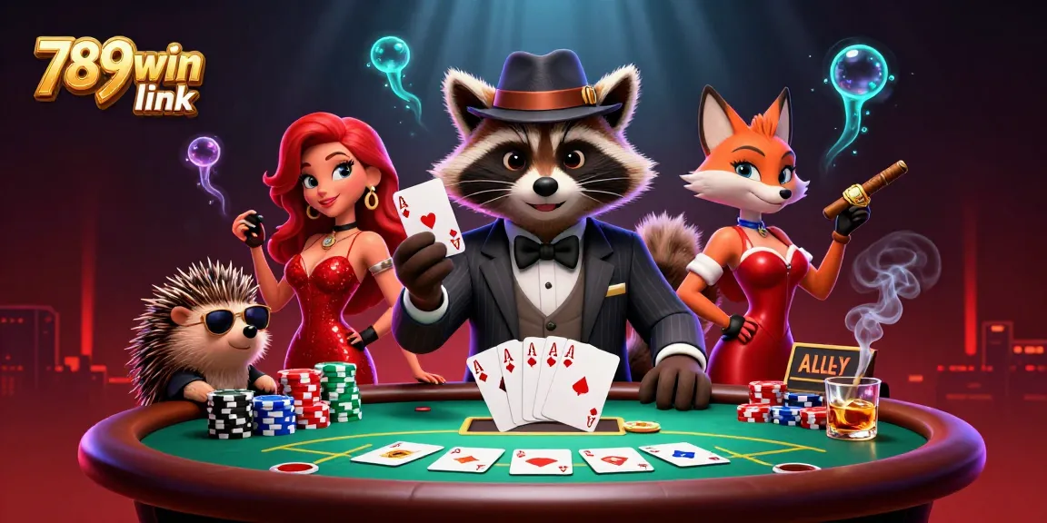 Experience stunning poker action with 789win link featuring raccoon, fox, and hedgehog characters.