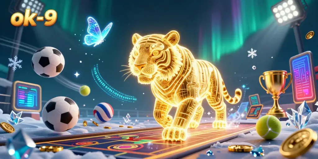 Experience the thrilling adventure at ok-9's digital casino, where a golden tiger navigates a vibrant world of sports and excitement.