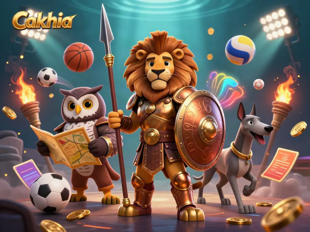 Cakhia highlights a Spartan lion leading an epic sports betting scene with dynamic elements.