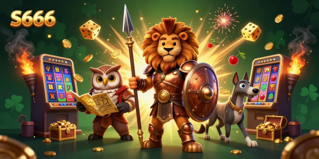 S666 brings excitement with thrilling slot action featuring a Spartan lion and treasure in a vibrant casino scene.