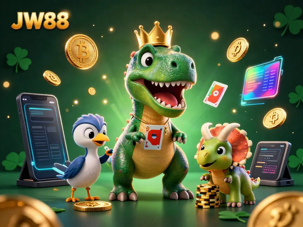 Play exciting casino games at JW88 with a cartoon dinosaur dealing cards and vibrant crypto elements.