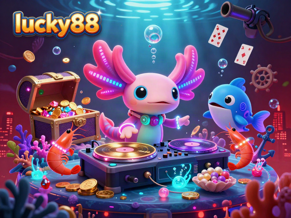 Feeling the energy of lucky88 as the axolotl DJ mixes gold coins and gems in a vibrant underwater casino scene.