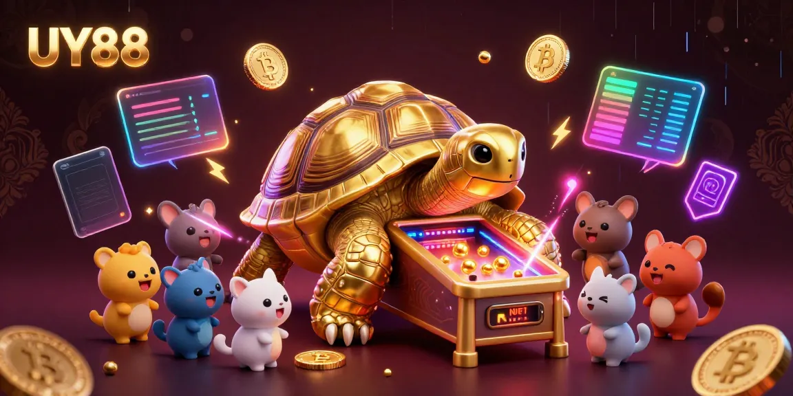 Experience UY88's exciting games with a golden tortoise pinball machine and vibrant crypto elements.