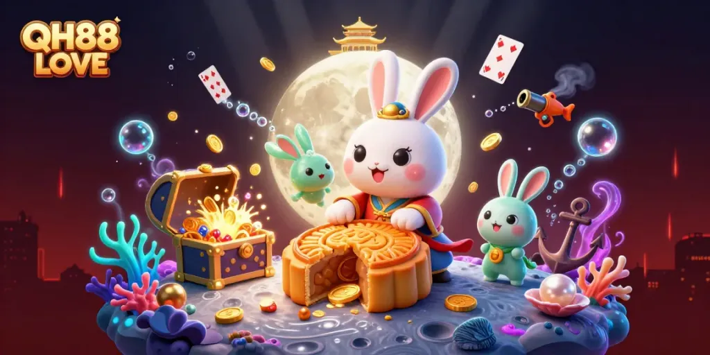 Engage with QH88 LOVE as a moon rabbit reveals poker chips within golden mooncakes.