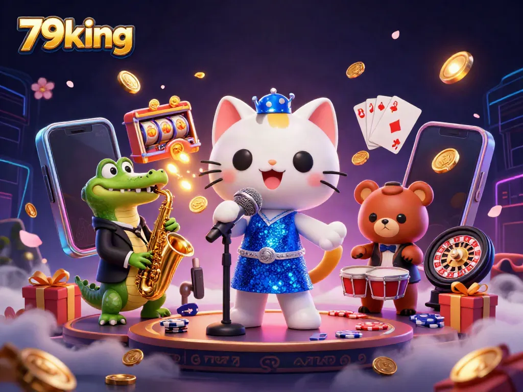 Experience the lively world of 79king with vibrantly animated characters enjoying casino elements.