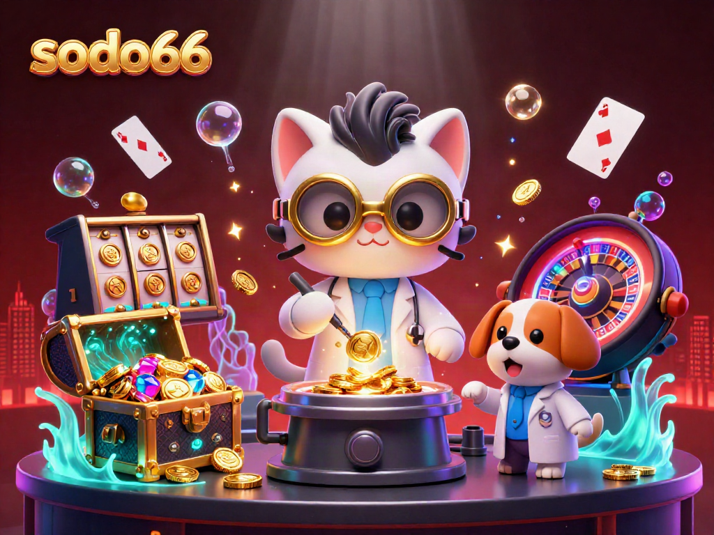 Engage with the thrilling sodo66 casino adventure featuring a mad scientist cat and lab assistant dog creating wealth.