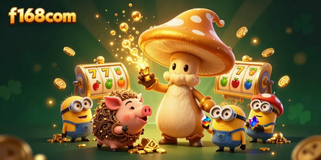 Experience the magic of f168com with a vibrant scene of golden characters and casino elements.